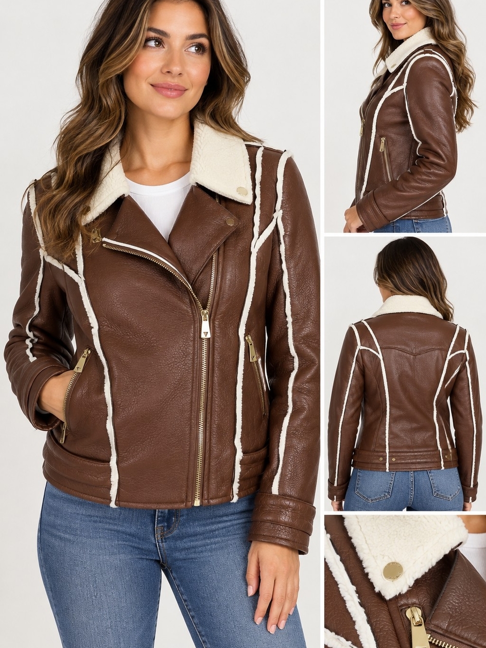 GUESS Women’s Brown Faux Leather Shearling Moto Jacket Size S Y2K Aviator